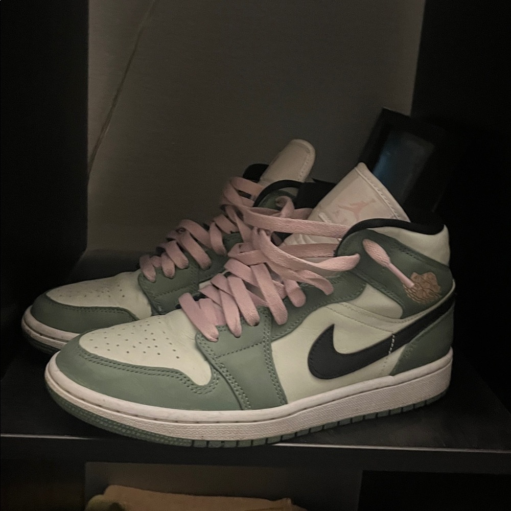 Green and White Sneakers with Pink Laces